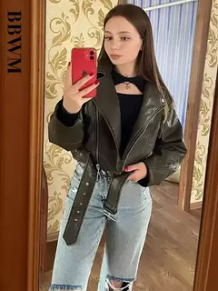 TRAF-Jaqueta curta de couro sintético feminina com cinto, casaco vintage extragrande, streetwear solto, zíper feminino, outwear retrô Moto Biker - loja online