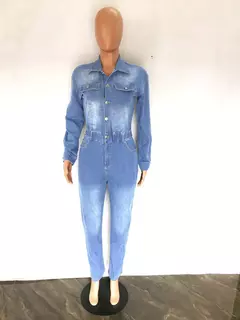 Macacão jeans de peito único feminino, macacão monocromático, macacão lavando bolsos, botão de rua alto, comprimento do tornozelo - Wolf Magazine