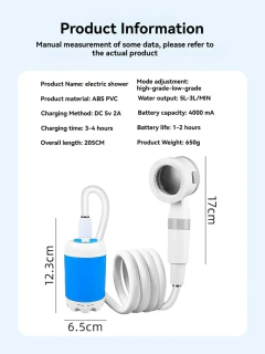 Imagem do Chuveiro externo recarregável portátil, design compacto portátil, fluxo de chuveiro suave para lavagem de carro, rega de flores, banho