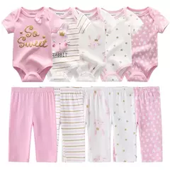 Imagem do Conjuntos de roupas de algodão unissex para bebê recém-nascido, bodysuits e calças, desenhos animados, manga curta, bebê menino e menina, 6 unid, 9 unid, 10 unid