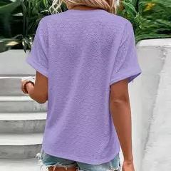 Imagem do Blusa feminina com botão monocromático com decote em v, camisas soltas, manga curta, tops femininos grandes, blusa jacquard casual, verão, nova moda, 2023