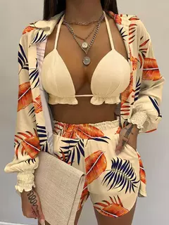 Fato de banho feminino de três peças, moda praia sexy, biquíni de cintura alta, maiô estampado, shorts para cobrir, moda praia de verão, novo 2024 na internet
