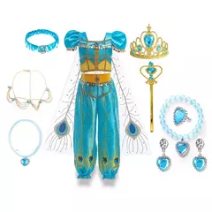 Michella moda meninas teal-azul princesa jasmim cosplay vestido de halloween vestido de festa de aniversário - comprar online