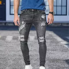 Calças jeans skinny rasgadas elásticas masculinas, bordado branco, algodão, hip hop, buraco negro, slim fit, calças jeans grandes, alta qualidade - Wolf Magazine
