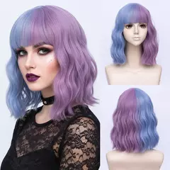 GAKA Peruca sintética feminina resistente ao calor curta ondulada em dois tons meio azul meio roxo para cosplay festas de Halloween