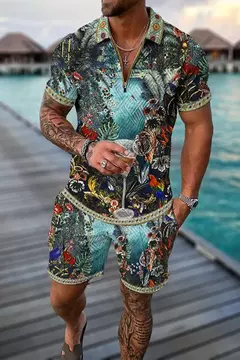 Conjunto de camisa polo e shorts masculino casual de manga curta com zíper gola v, moda verão, 2 peças, 2023 - comprar online