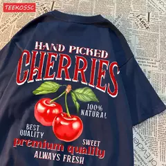 Imagem do Camisetas femininas de estampa de cereja colhidas a mão, camisetas de algodão, gola redonda grande, manga curta macia, roupas femininas de rua, moda