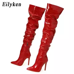Eilyken-Patent Leather Apontado Toe Salto Alto para Mulheres, Botas Vermelhas Sobre o Joelho, Sapatos de Zíper Lateral, Stiletto Sólido, Calçado Feminino - loja online