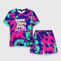 Conjunto de shorts de praia de verão masculino, roupas de homem extragrande, Game Grand Theft Auto 3D Palm Tree Print, GTA T-shirt, 2 Pcs Set