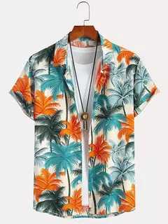 Imagem do Camisa de lapela masculina de manga curta, estilo havaiano, padrão tropical de coqueiro, tops grandes, férias de verão