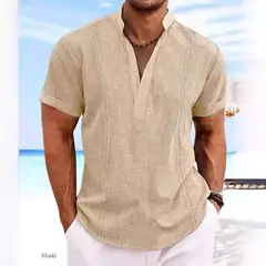 Pulôver de algodão de linho masculino, lapela, manga curta, colarinho Henry, guayabela sólida, alta qualidade, blusa casual de moda verão - Wolf Magazine