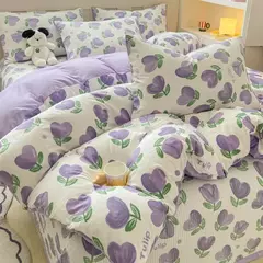 Conjunto de cama infantil com 3 peças, colcha rosa, capa de edredão floral vegetal, padrão de gato, desenhos animados fofos, conjunto de cama para meninas, decoração do quarto na internet