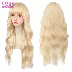 Imagem do Peruca sintética dourada clara de 28 polegadas, conjunto de cabeça completa feminina, cabelo longo encaracolado com cabelo encaracolado e fofo, franja de nível de ar diária