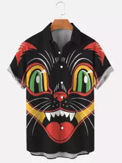 Camisa havaiana dos desenhos animados de anime masculino, Tops de manga curta, roupas casuais masculinas, rua, animais, gatos, retrô, 3D Tees, verão