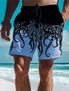 Calções de tabuleiro estampado polvo masculino, calções havaianos, calções de natação com cordão, conforto, respirável, férias, moda - comprar online