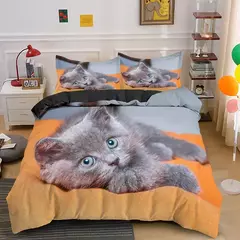 Conjunto de cama 3D gato para meninas e meninos, edredão de poliéster, fronha,