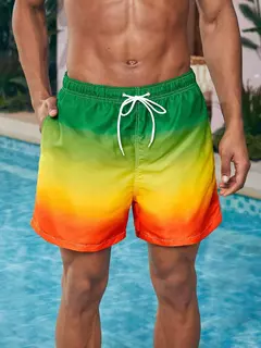 Calção de banho gradiente cor bloco cordão masculino, cintura elástica, 3D Print, streetwear curto respirável, calções de praia, verão na internet
