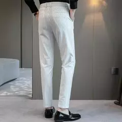 Terno listrado de seda gelo masculino, calças de verão, alfaiataria social, calças de negócios, roupas de alta qualidade formal