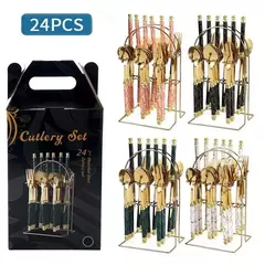 Louça de aço inoxidável com contas duplas, Rack com alça de plástico, faca de bife, garfo e colher, presentes high-end, 24PCs