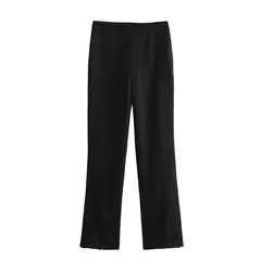 TRAFZA-Calças de fenda de perna reta feminina, calças de cintura alta com zíper, bolso traseiro, decoração fina, moda feminina, tricolor, novo - loja online