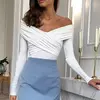 Camisas de ombro feminino, camisas curtas, frente cruzado, manga comprida, tops slim fit, roupas femininas, clubwear, streetwear feminino, moda