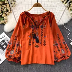 Blusa Bordada Manga Lanterna Longa com Decote V para Mulheres, Moda Casual, Camisas Vintage, Tops Femininos Minoritários, Drop Shipping, Outono - comprar online
