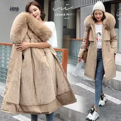 Parka longa e acolchoada feminina com forro de lã, jaqueta com capuz, gola de pele, quente, grossa, neve, roupas grandes, inverno na internet