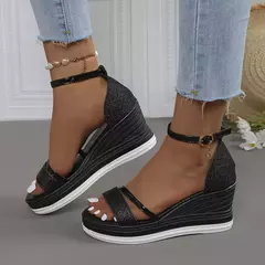 Sandálias de cunhas de dedo aberto para mulheres, sapatos casuais rasos, salto alto, plataforma, sandálias sexy designer, nova moda, verão, 2024 - loja online