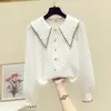 Blusa feminina de botão solto, manga longa, monocromática, roupas de primavera e outono, camisa jovem, tops casuais, moda coreana, nova