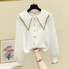 Blusa feminina de botão solto, manga longa, monocromática, roupas de primavera e outono, camisa jovem, tops casuais, moda coreana, nova