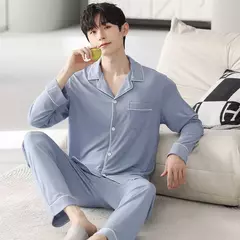 Conjunto de pijama de algodão modal manga comprida masculino, pijamas finos, adolescentes, outwear primavera, pano doméstico, terno masculino, outono, primavera - loja online