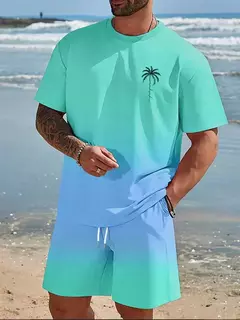 Camiseta de praia havaiana masculina, conjunto de 2 peças, manga curta, estampa palmeira, decote em O, moda exterior, casual, verão - Wolf Magazine