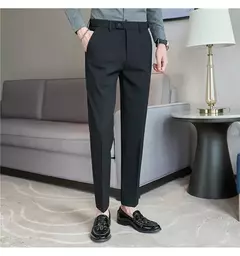 Imagem do Calça de terno quente de pelúcia masculina, calça monocromática, cintura elástica, formal, negócios, fina, escritório, social, vestido, outono, inverno, 2023