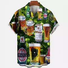 Imagem do Camisa Retro de Cerveja Masculina Estampada 3D, Padrão para Beber Natal, Engraçado Street Top, Casual Manga Curta, Blusa de Botão, Roupas