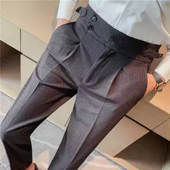 Estilo britânico dos homens de cintura alta vestido casual calça masculina cinto design calças finas formal escritório social vestido de festa de casamento terno calças - Wolf Magazine