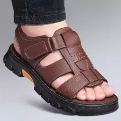 Sandálias de couro de sola grossa masculinas, sapatos de praia, chinelos de couro antiderrapantes, ao ar livre, novo, 2024 - comprar online