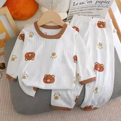 Pijama de algodão puro para meninos e meninas, camiseta fina de manga comprida, tops e calças lindos desenhos animados, conjuntos de roupas infantis, verão, novo, 2022