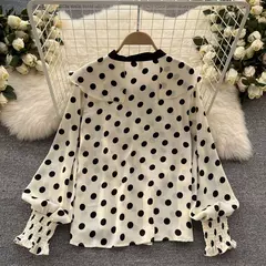 Vintage de bolinhas manga comprida plissado crop top feminino, t-shirt fina chique, camisa sexy casual fina, streetwear Harajuku, moda primavera - loja online