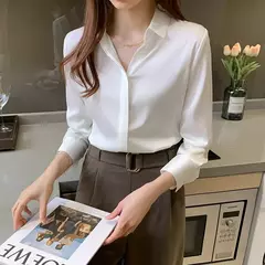 Imagem do Primavera e Verão das Mulheres Manga Longa Commuter Profissional Sólida Chiffon Camisa Mulheres Tops Blusa Mulheres Camisas De Mujer C348