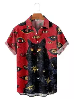 Camisa havaiana dos desenhos animados de anime masculino, Tops de manga curta, roupas casuais masculinas, rua, animais, gatos, retrô, 3D Tees, verão