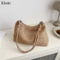 Saco de palha tecido Rattan para senhoras, sacola de grande capacidade, bolsa trançada artesanal, bolsa de ombro, moda - loja online