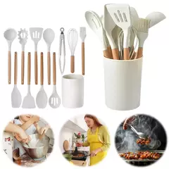 Conjunto De Utensílio De Cozinha Resistente Ao Calor, Kit De Ferramentas De Cozinha, Cabo De Madeira, Panelas, Espátula, Colher, Escova, Batedor, Suprimentos, 12Pcs - comprar online