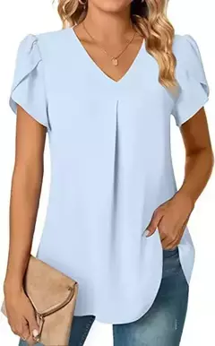 Blusa sexy com plissado e v pescoço para as mulheres, camisa de manga curta, cor sólida, solto, roupas de trabalho, verão, sze-st23015 - Wolf Magazine
