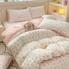 Conjunto de cama infantil com 3 peças, colcha rosa, capa de edredão floral vegetal, padrão de gato, desenhos animados fofos, conjunto de cama para meninas, decoração do quarto