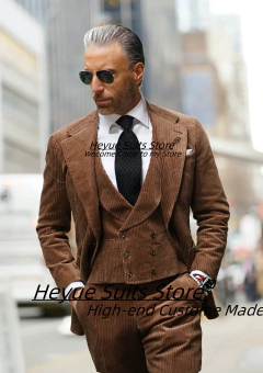 Blazers masculinos clássicos de veludo marrom, squeking formal do noivo, blazers masculinos, fantasia high-end, slim fit, lapela entalhado, conjunto de 3 peças