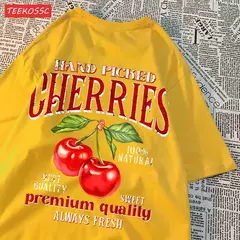 Camisetas femininas de estampa de cereja colhidas a mão, camisetas de algodão, gola redonda grande, manga curta macia, roupas femininas de rua, moda - Wolf Magazine