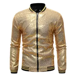 Brilhante Sequins Sparkle Bomber Jacket Homens 2023 Mais Novo Ouro Glitter Listrado Zipper Mens Jaquetas E Casacos Festa Dance Show Roupas na internet