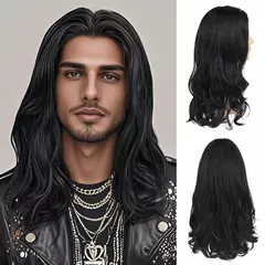 Cabelo masculino longo cortes de cabelo sintético meio separação marrom encaracolado ondulado perucas masculinas para festa diária punk rock cosplay peruca traje - comprar online