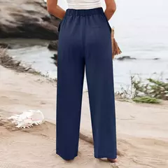 Calça larga de linho de algodão feminina, comprimento total, casual, monocromática, solta, cintura alta, reto, botão, verão na internet