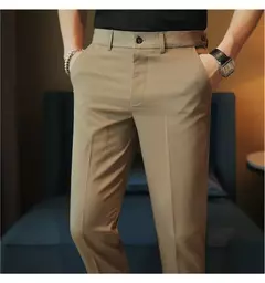 Calça casual slim-fit masculina, fato formal, monocromático, cintura ajustável, festa social, moda empresarial, novo, outono, 2022, 38-28 - loja online
